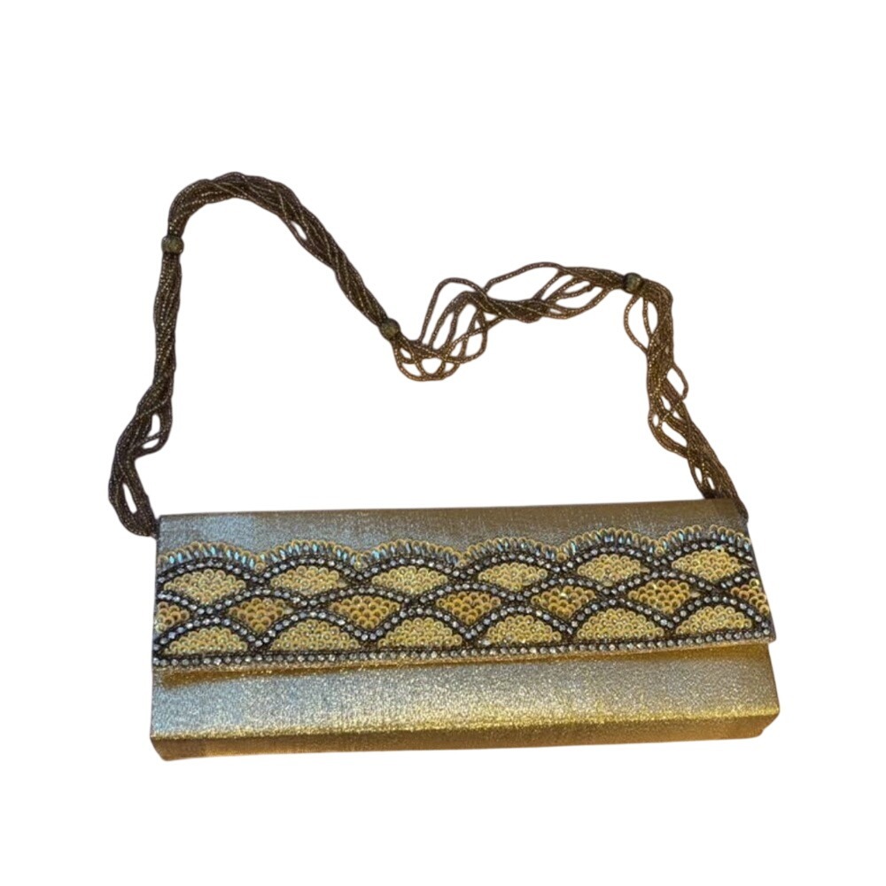 Miche Gold Beaded Evening Clutch Bag Metallic Glitter Striped Lining‎
